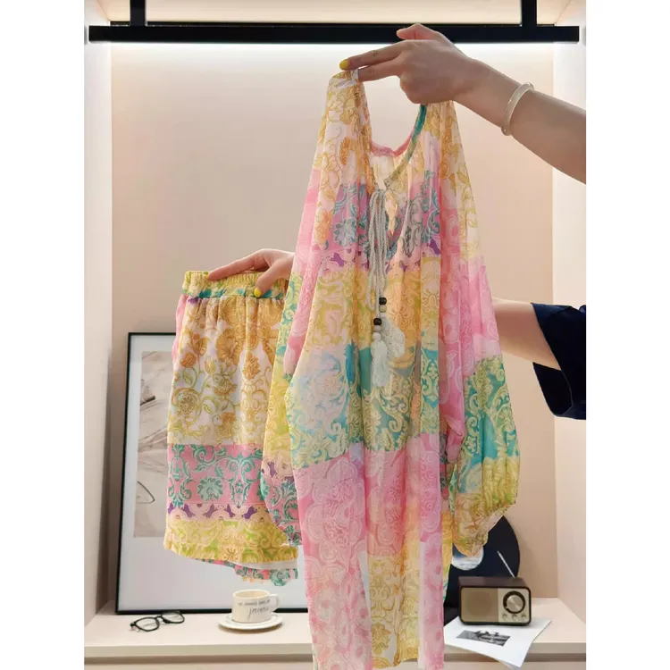 法式民族风复古印花长袖睡衣女夏季新款大码短裤家居服套装可外穿