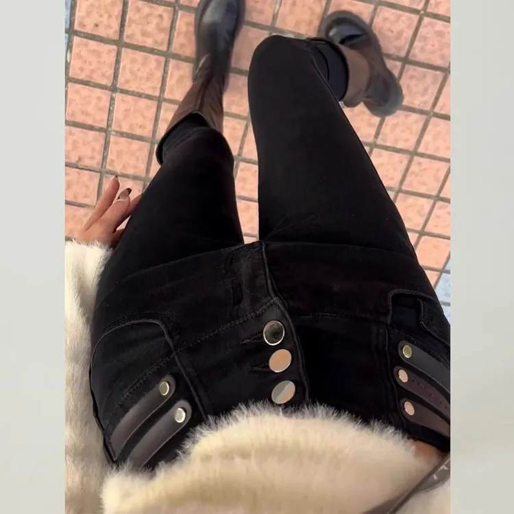 拉夏贝尔黑色小脚牛仔裤女2025年秋冬季显瘦高腰小个子九分铅笔裤