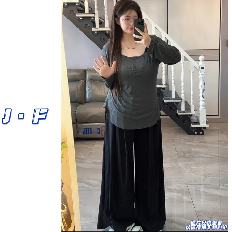 JF定制大码8052纯欲ins风薄款微透纯色V领修身中长款弹力打底衫