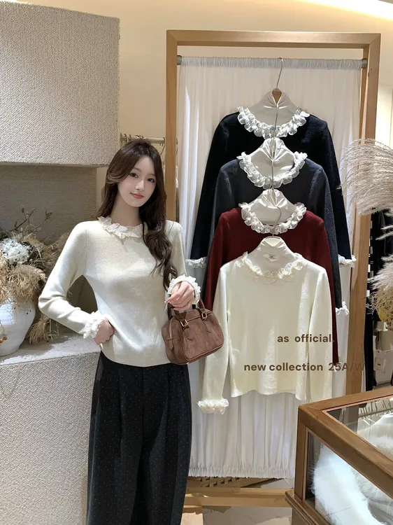 婉优雅蕾丝花边针织衫时尚好搭配秋冬时尚显瘦长袖打底衫G6-59