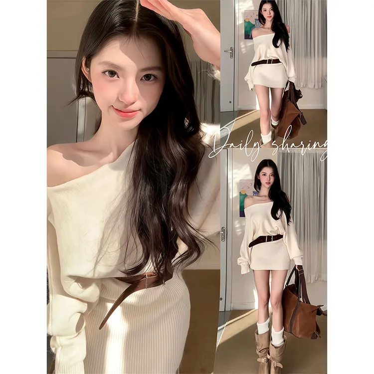 斜肩长袖针织连衣裙女秋冬季收腰毛衣裙子纯欲风气质修身包臀短裙