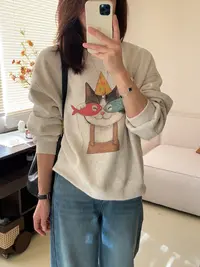【快乐猫】爱吃鱼猫咪圆领加绒INS风时尚休闲卫衣日系加厚韩版百搭