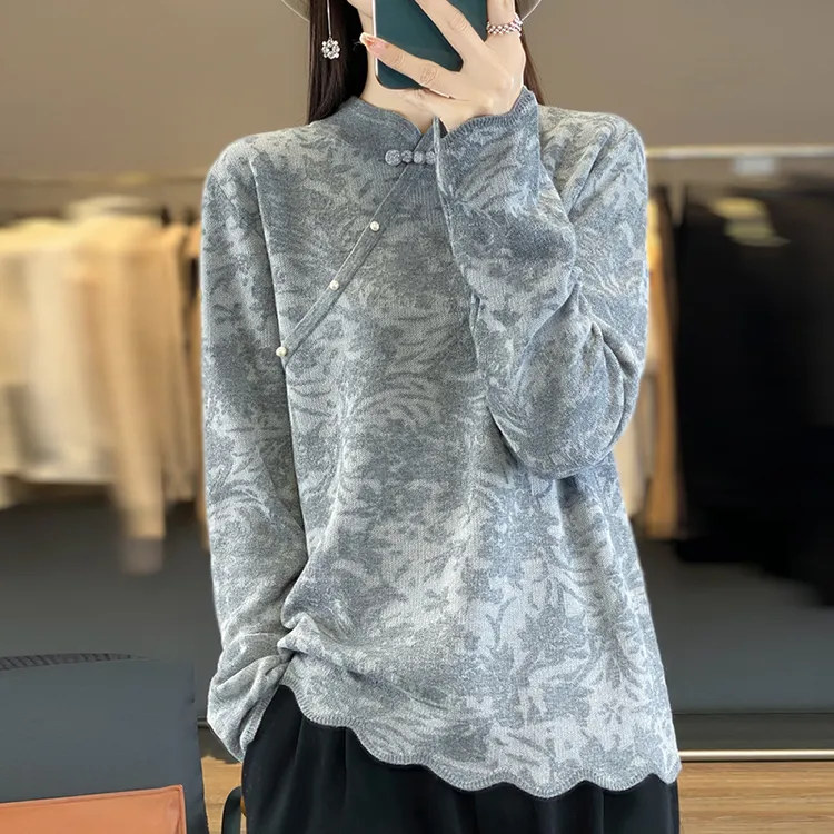 【专柜正品】秋冬大码中式100%纯羊毛衫女宽松遮肚子显瘦洋气上衣