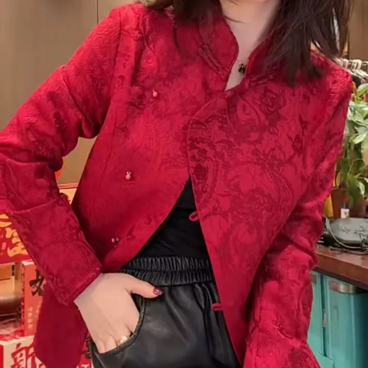 复古衬衫上衣网红时尚红色提花女装百搭衬衣新中式中国风立领小衫