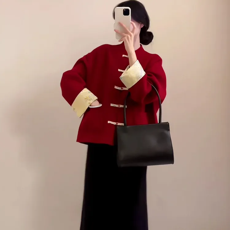 现货新中式国风红色毛呢外套上衣女冬季新款唐装新年红色大衣套装