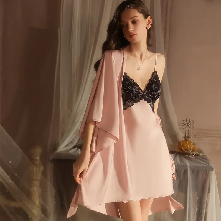 冰丝性感睡衣女加胸垫纯欲吊带睡裙外袍睡袍晨袍家居两件套装薄款
