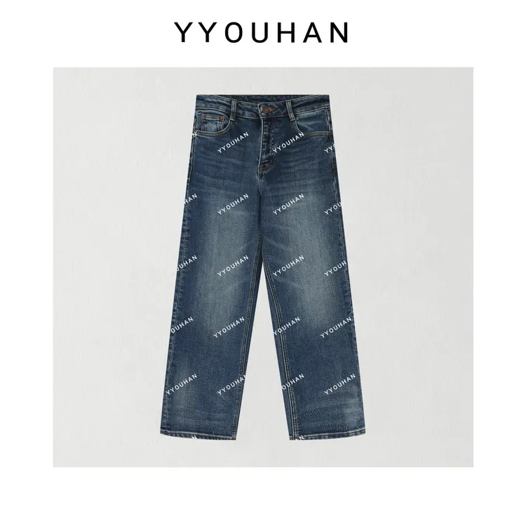 月月 2025秋冬极简磨破厚款加绒烟管时尚水洗蓝牛仔裤 2510C6742