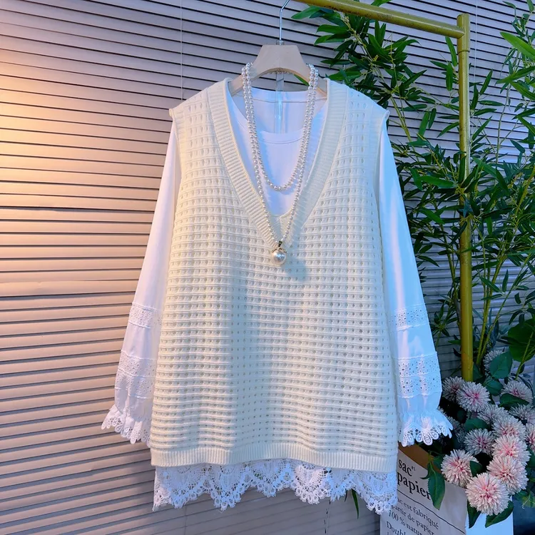 8810胖mm欧货镂空针织马甲搭蕾丝花边打底设计感减龄时尚套装