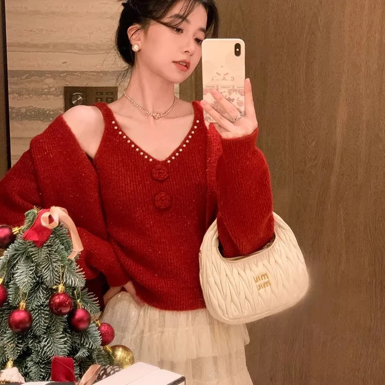 2025秋冬韩系慵懒毛衣开衫外套挂脖吊带背心两件套时尚毛衣衬衫女