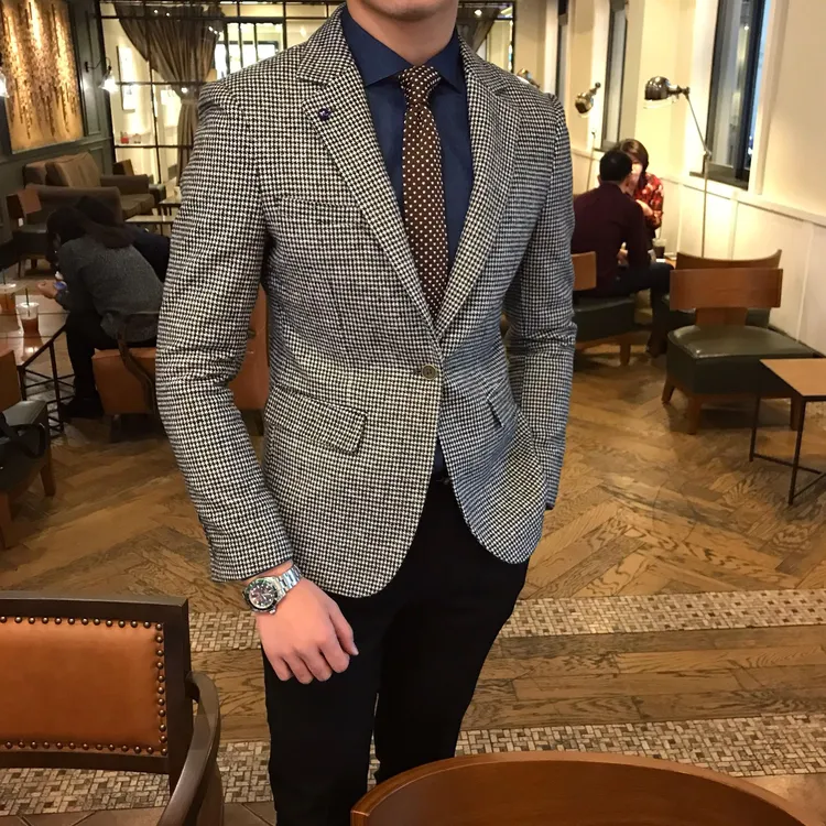灏吉弧春秋款西服男外套千鸟格西服大码覆古修身商务加厚休闲西服