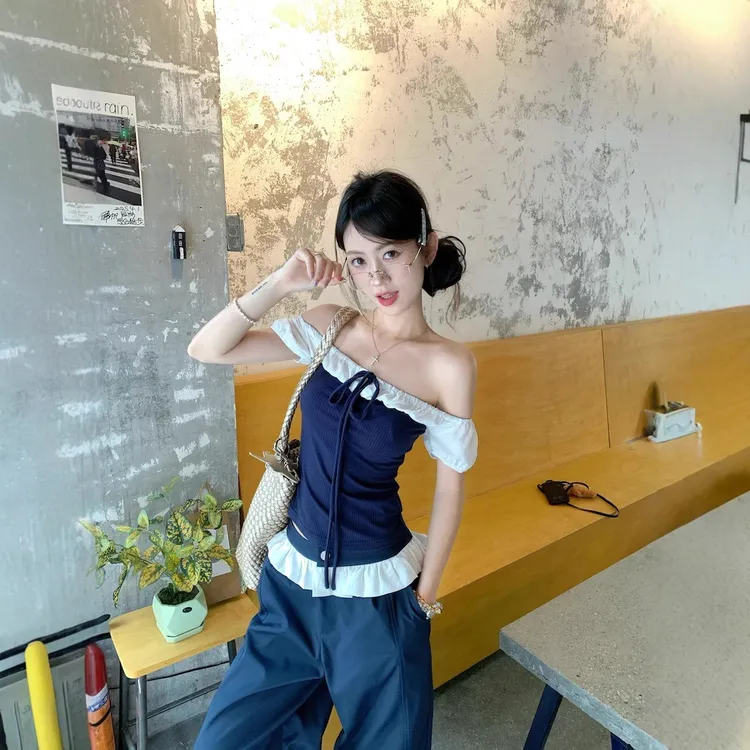 2025夏季韩系芭蕾风短袖T恤女露肩小众斜肩甜辣风上衣