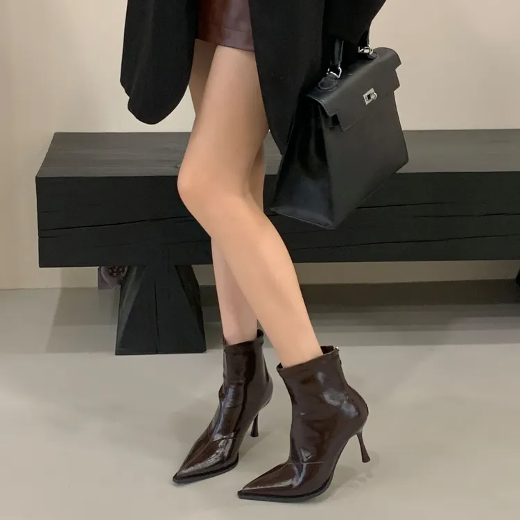 短靴女时装靴秋冬法式后拉链防滑高跟百搭细跟尖头防水气质瘦瘦靴