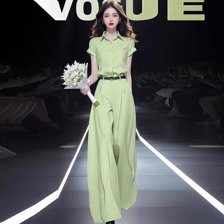 拉夏贝尔时尚高腰套装2025夏季新款时髦短袖衬衫百搭阔腿裤两件套