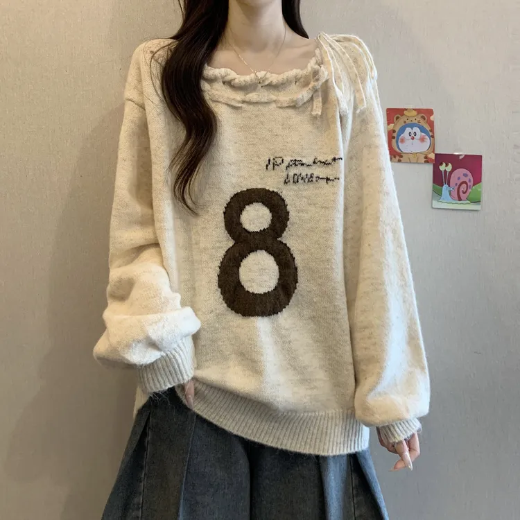 韩系绑带斜肩长袖毛衣女2025秋冬新款大码胖mm宽松慵懒针织衫上衣