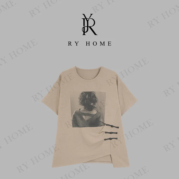 【容雨RYHOME】慵懒风盘扣印花国风短袖T恤252T2111