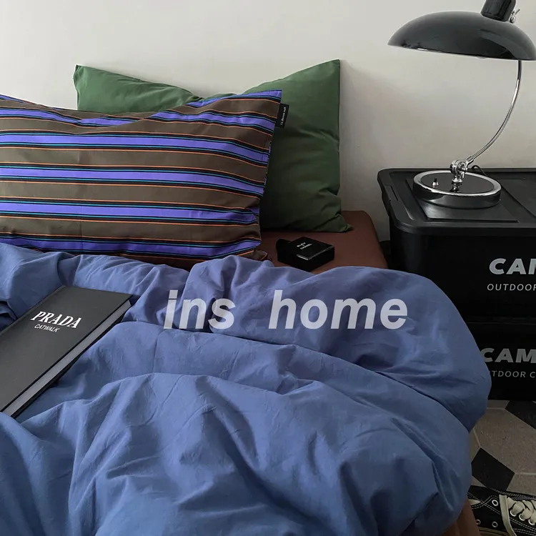 ins复古纯棉全棉神秘蓝混搭四件套中古简约色织水洗棉被套床单