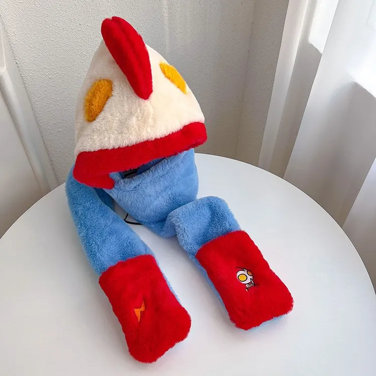 帽子围巾手套三件套奥特曼冬季男童加绒保暖防风卡通护耳一体帽子