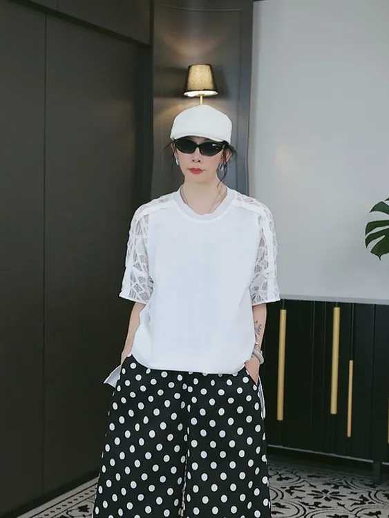 UWS2506050棉麻设计师款蕾丝拼接T恤短袖休闲减龄时尚夏季宽松