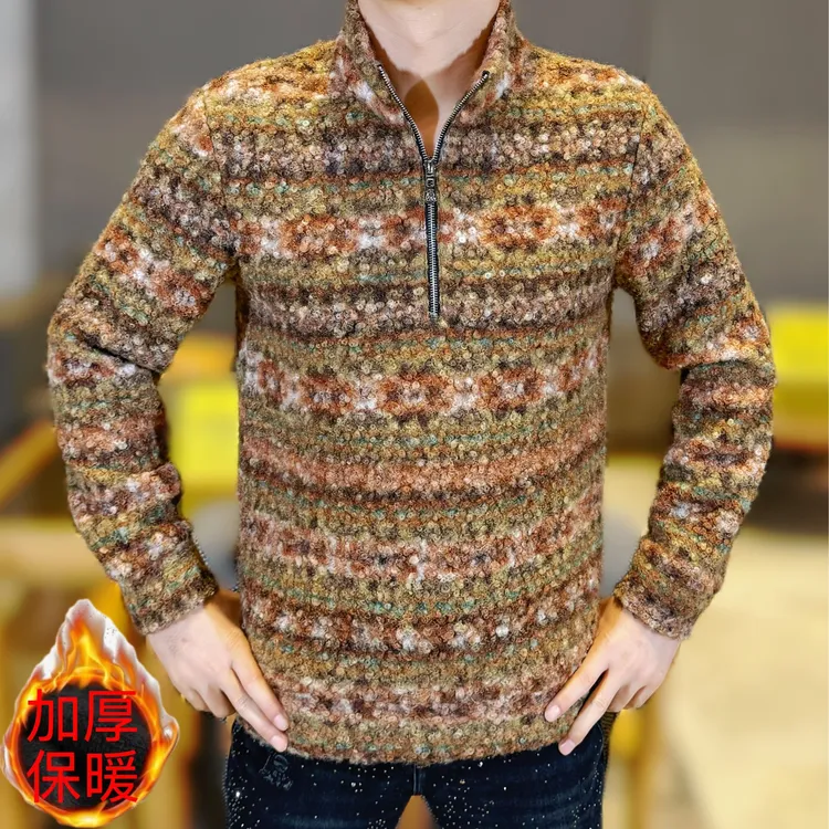 2025冬季男士新款轻奢复古民族风羊羔绒加厚半拉链立领保暖卫衣