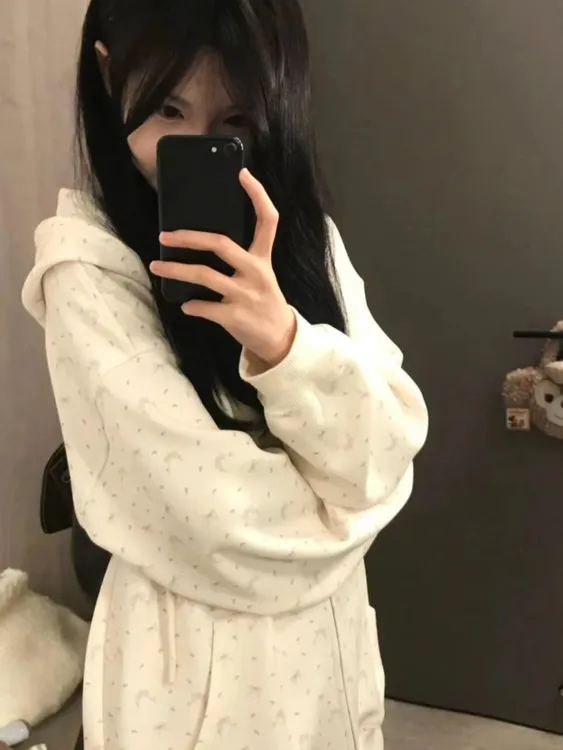 碎花连帽卫衣女春秋oversize薄款外套港味chic宽松慵懒开衫上衣