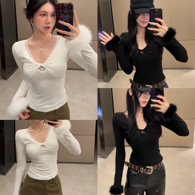 纯欲扭结蕾丝拼接V领长袖加绒打底衫T恤女秋冬季辣妹显瘦毛边上衣