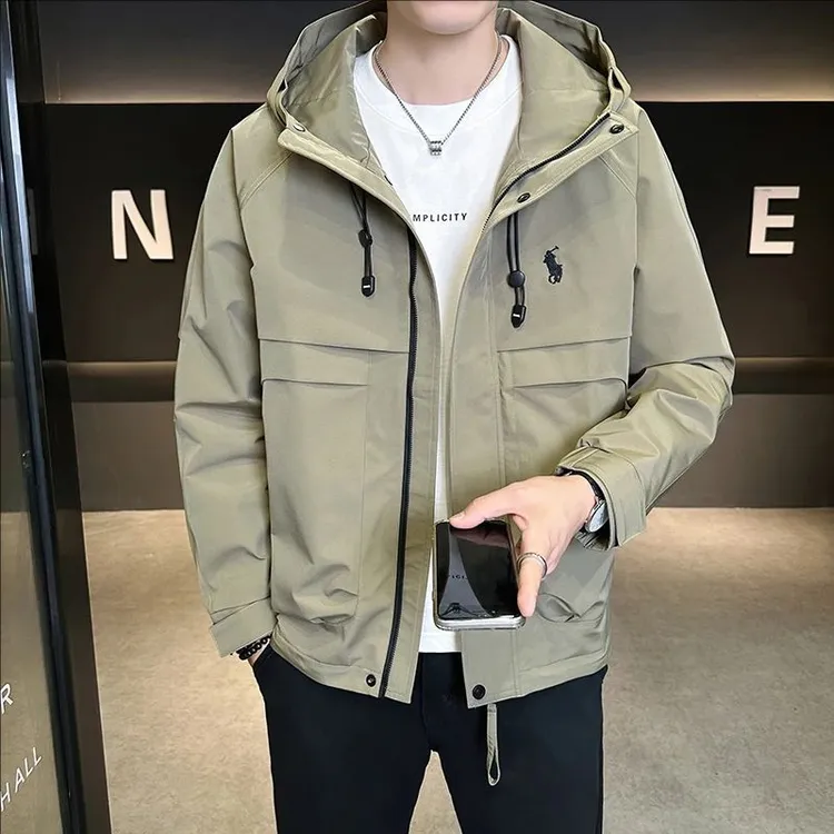 秋季男士连帽夹克户外二棉保暖外套青年时尚刺绣潮流男装薄棉上衣