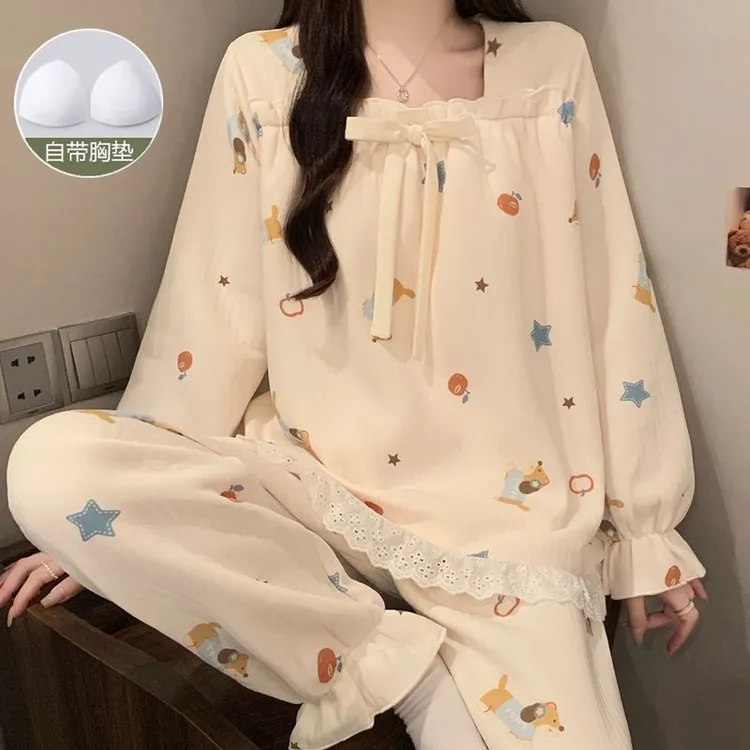 带胸垫睡衣套装家居服女空气棉秋冬季甜美卡通宽松女士睡衣可外穿