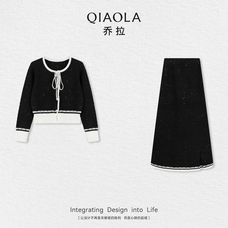 QIAOLA/乔拉【重叠配方】小众设计珠片银丝北极带圆领拼色外套套装