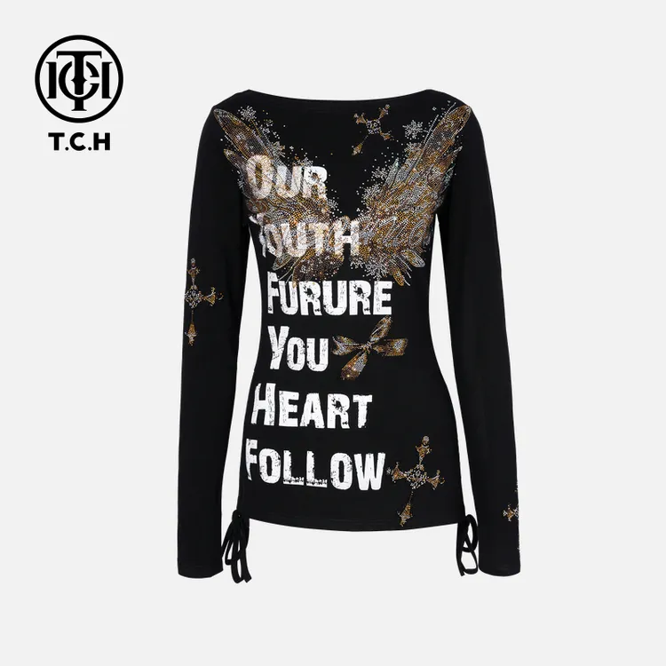 TCH【时尚百搭】秋冬高贵设计感烫钻女装黑色长袖T恤T75C08E5019