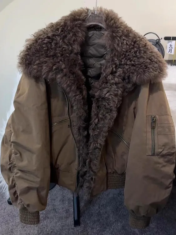 美式大毛领工装棉服女装短款2025冬季新款宽松加厚派克服棉衣外套