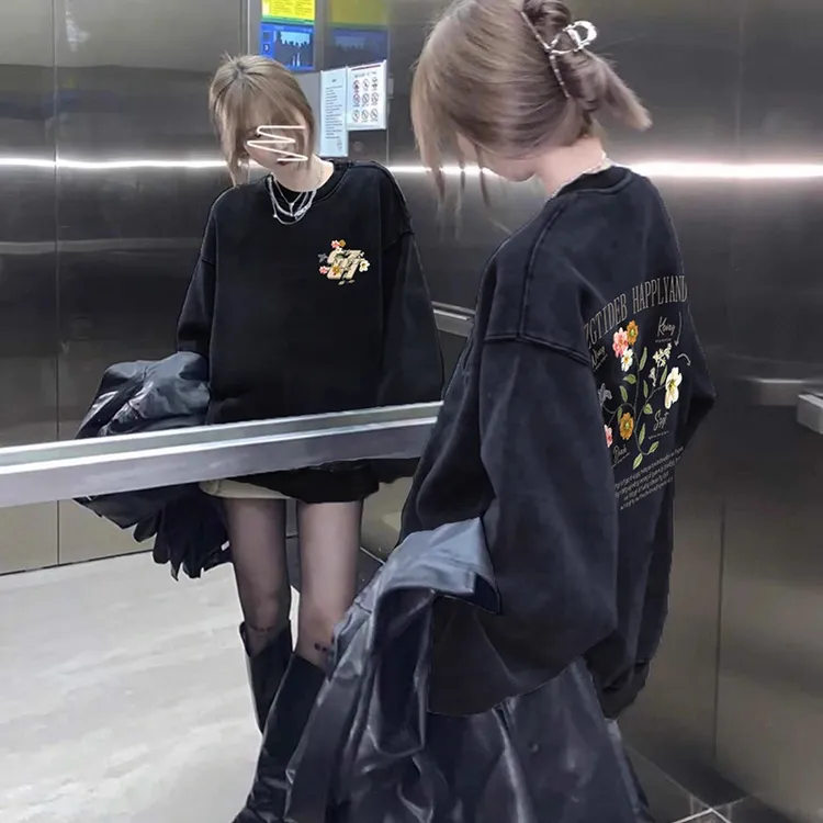胖mm300斤黑色卫衣女大码加绒宽松上衣ins潮秋冬季美式街头风外套