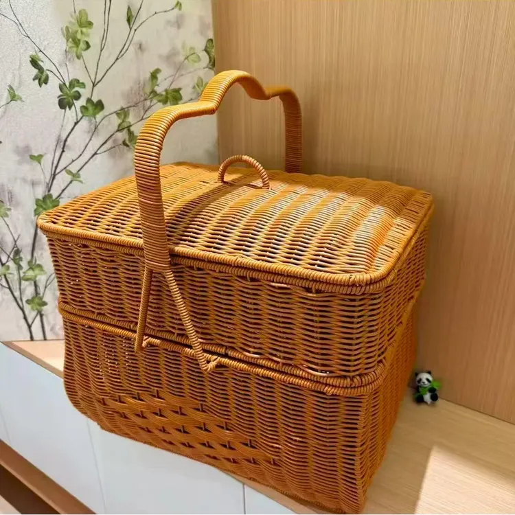 双层长方形拜拜篮野餐露营篮拜神购物大号篮子家用手工编织仿藤