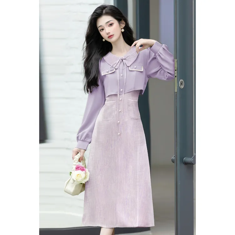 秋季法式温柔小香风紫色显瘦裙子长袖教师通勤女装假两件连衣裙女