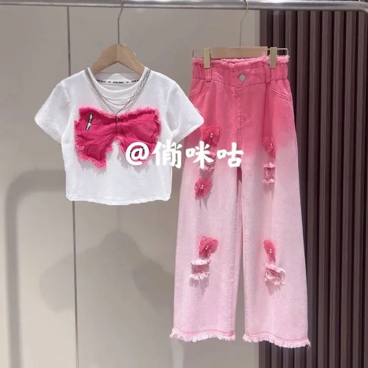 女童夏季套装2025爆款儿童短袖甜酷牛仔裤两件套中大童女孩夏装潮