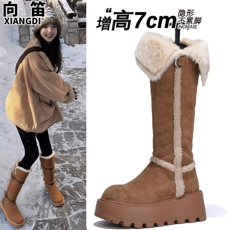 桑坡毛一体高筒雪地靴女冬季加绒加厚保暖棉靴厚底增高长筒靴秋冬