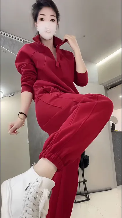 秋冬新款休息运动广场舞加绒加厚半拉链立领长袖卫衣卫裤两件套装