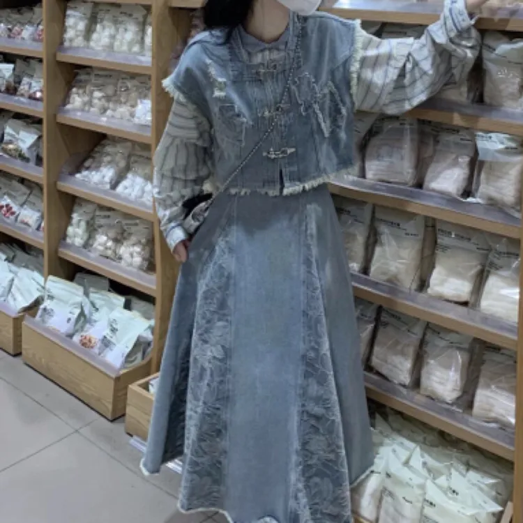 2025春季新款港风复古宽松牛仔补秀毛边马甲