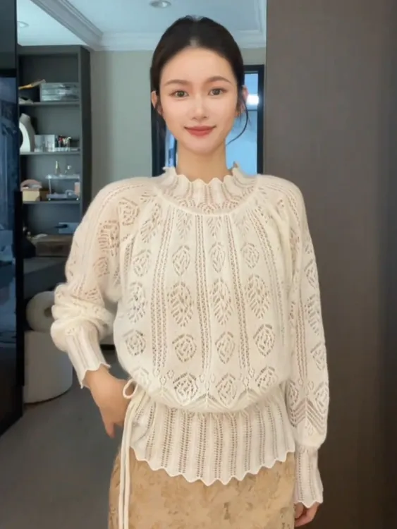 白色镂空收腰花边针织上衣女25秋轻奢名媛风重要场合高端漂亮小衫