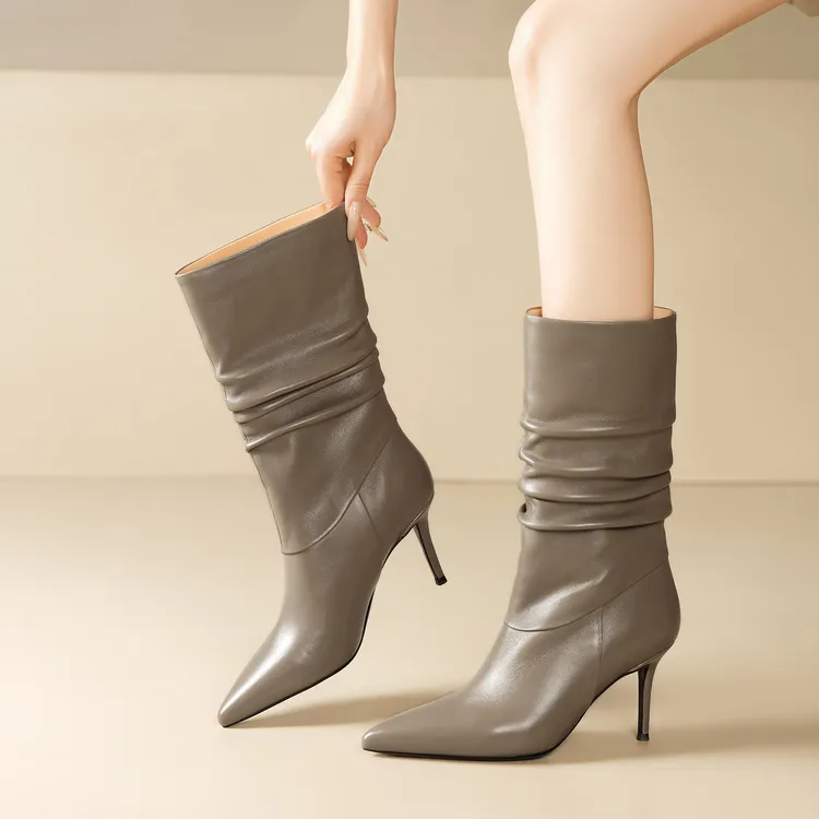 8cm复古风细跟堆堆靴秋冬百搭高跟瘦瘦靴2025新款时尚皱皱中筒靴