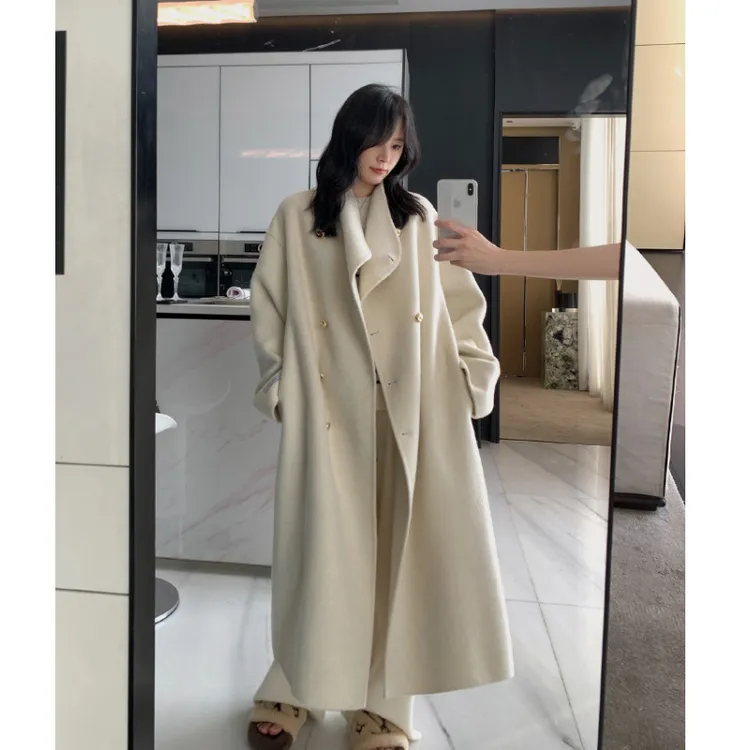 冬季新款立领温柔灰色双面羊绒大衣女长款加厚显瘦羊毛呢外套秋冬