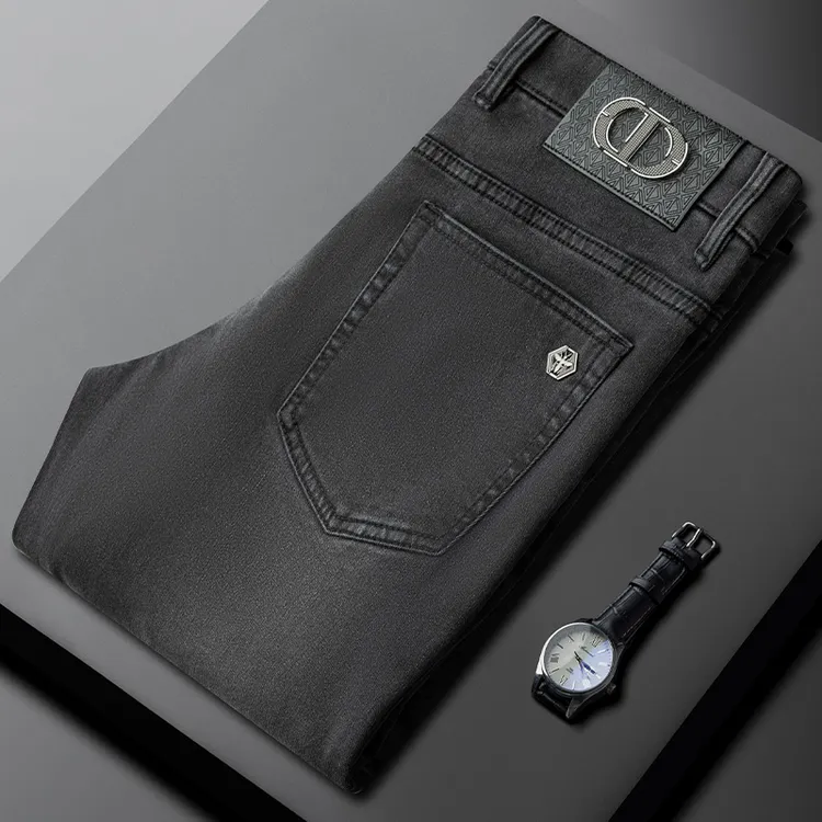 高端灰色复古牛仔裤男士秋季薄款潮牌商务休闲修身直筒精梳棉长裤