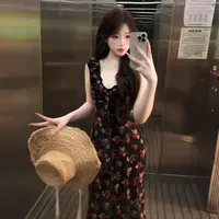 茶歇法式黑色碎花小飞袖连衣裙子女夏季2025年新款高级感收腰长裙