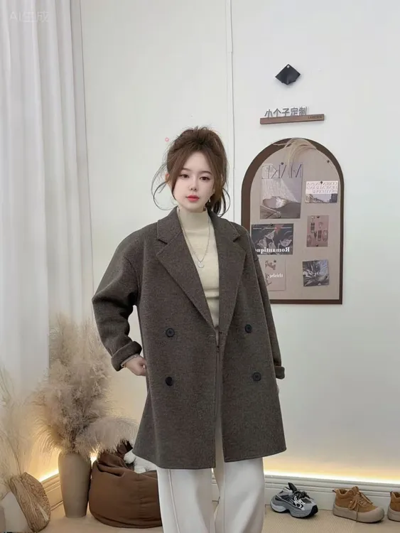 【呆呆臻选】冬季韩版大衣女时尚百搭中长款小个子必备羊毛外套2535
