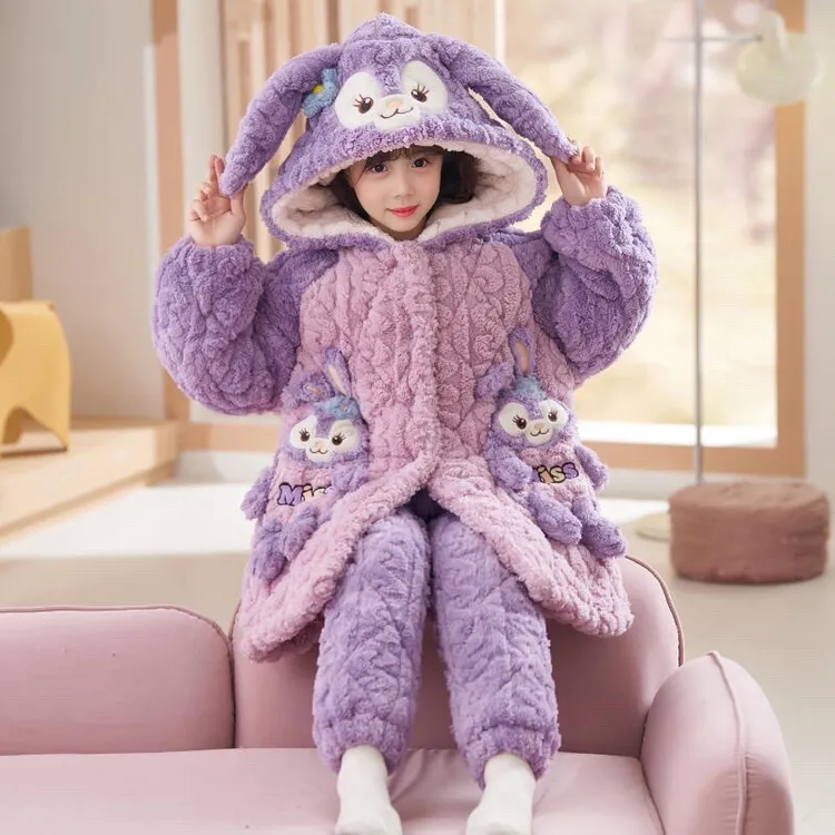 「三层加绒夹棉加厚」女童过冬睡衣冬加厚珊瑚绒儿童女孩家居服冬款