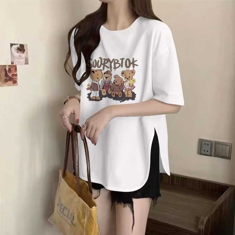 遮屁股纯棉t恤女短袖夏季圆领宽松显瘦叠穿中长款半袖打底衫上衣