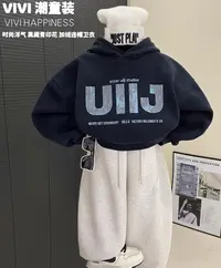 【现货】VIVI童装【黑藏青】冬款中大童显白洋气印花加绒连帽卫衣
