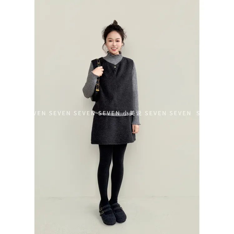 ①七七146小个子冬季圆领毛呢马甲背心a字半身裙套装女新款小美说