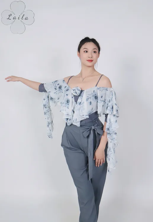 Laila摩登舞服新款《夏花梦令》浅灰色夏季雪纺摩登拉丁练习服