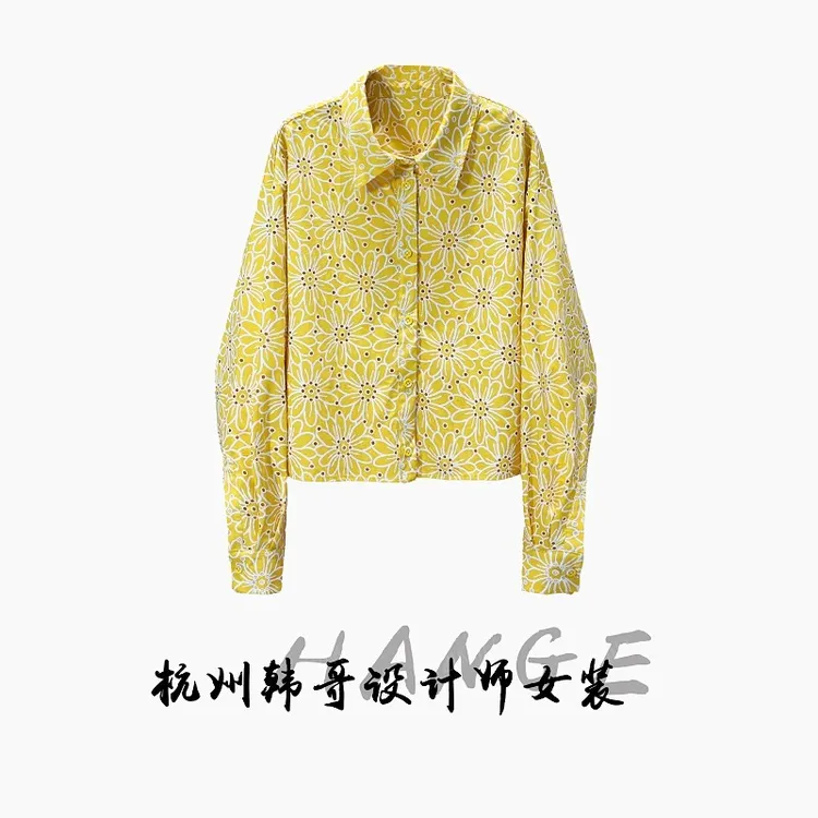 【韩哥女装】欧版姜黄色镂空刺绣时尚休闲轻薄小众衬衫8156-Z1