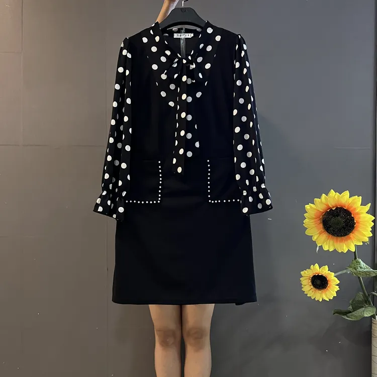 新款法式甜美系带蝴蝶结拼接假两件宽松遮肚大码连衣裙